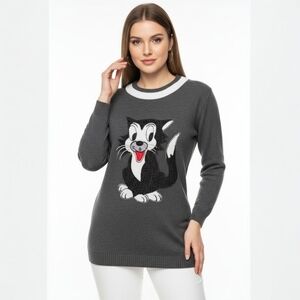 Vintage Cartoon Cat Knit Sweater - Gray Graphic Pullover Unique Art to Wear - M